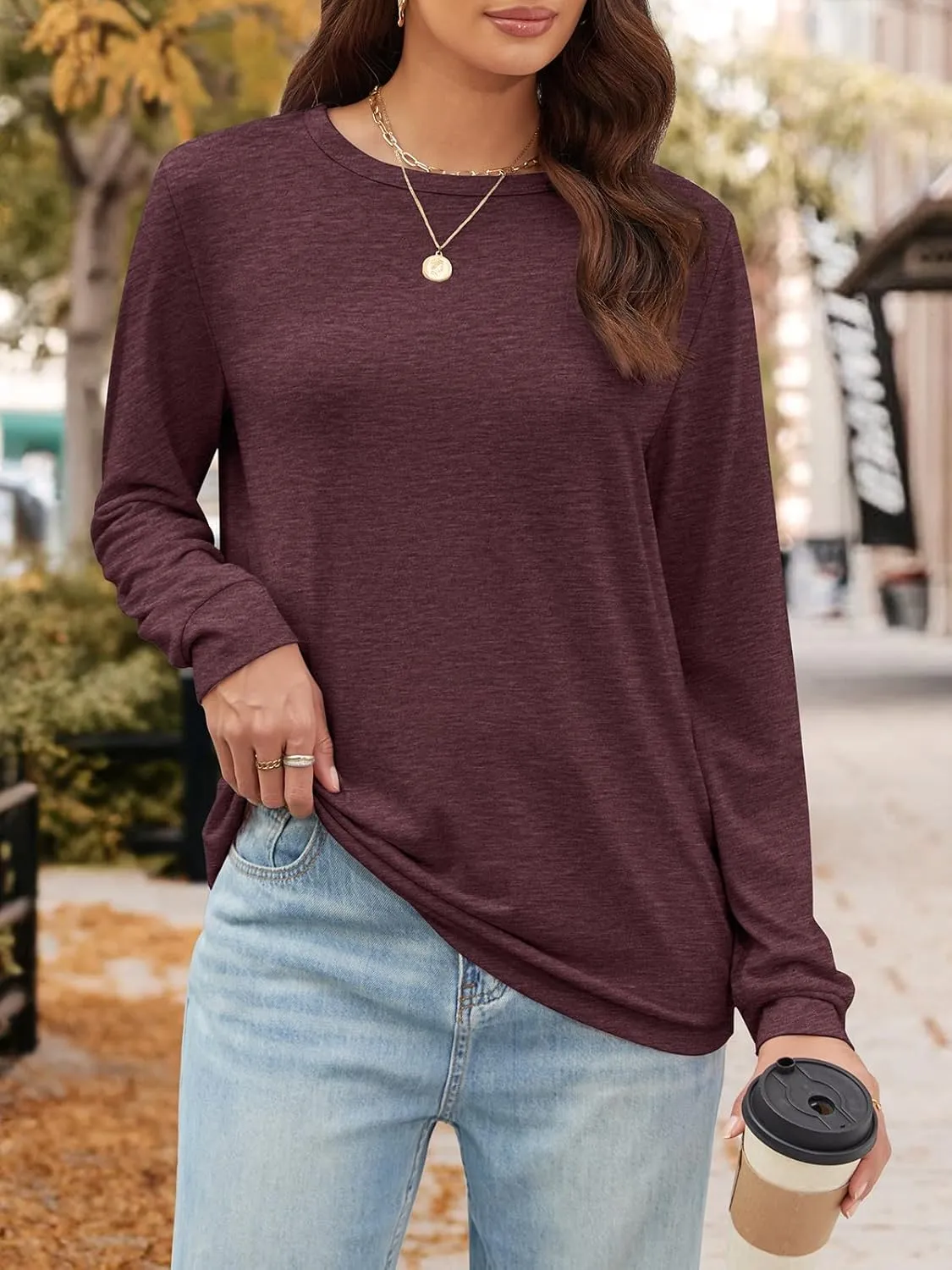 ATHMILE Women's Long Sleeve Shirts Casual Loose Fit Tees Solid Color Oversized Basic Tops Business Casual Outfits