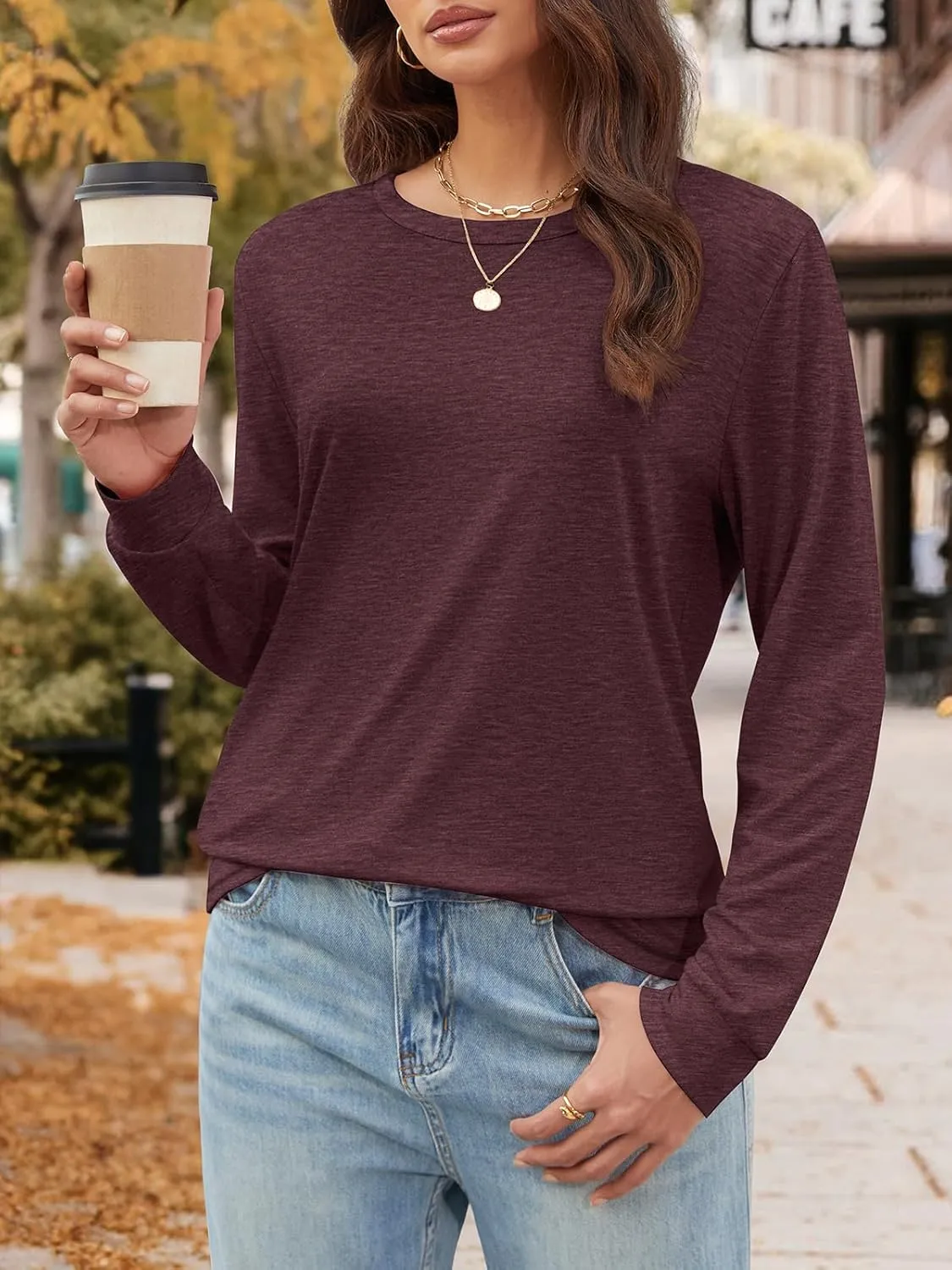 ATHMILE Women's Long Sleeve Shirts Casual Loose Fit Tees Solid Color Oversized Basic Tops Business Casual Outfits