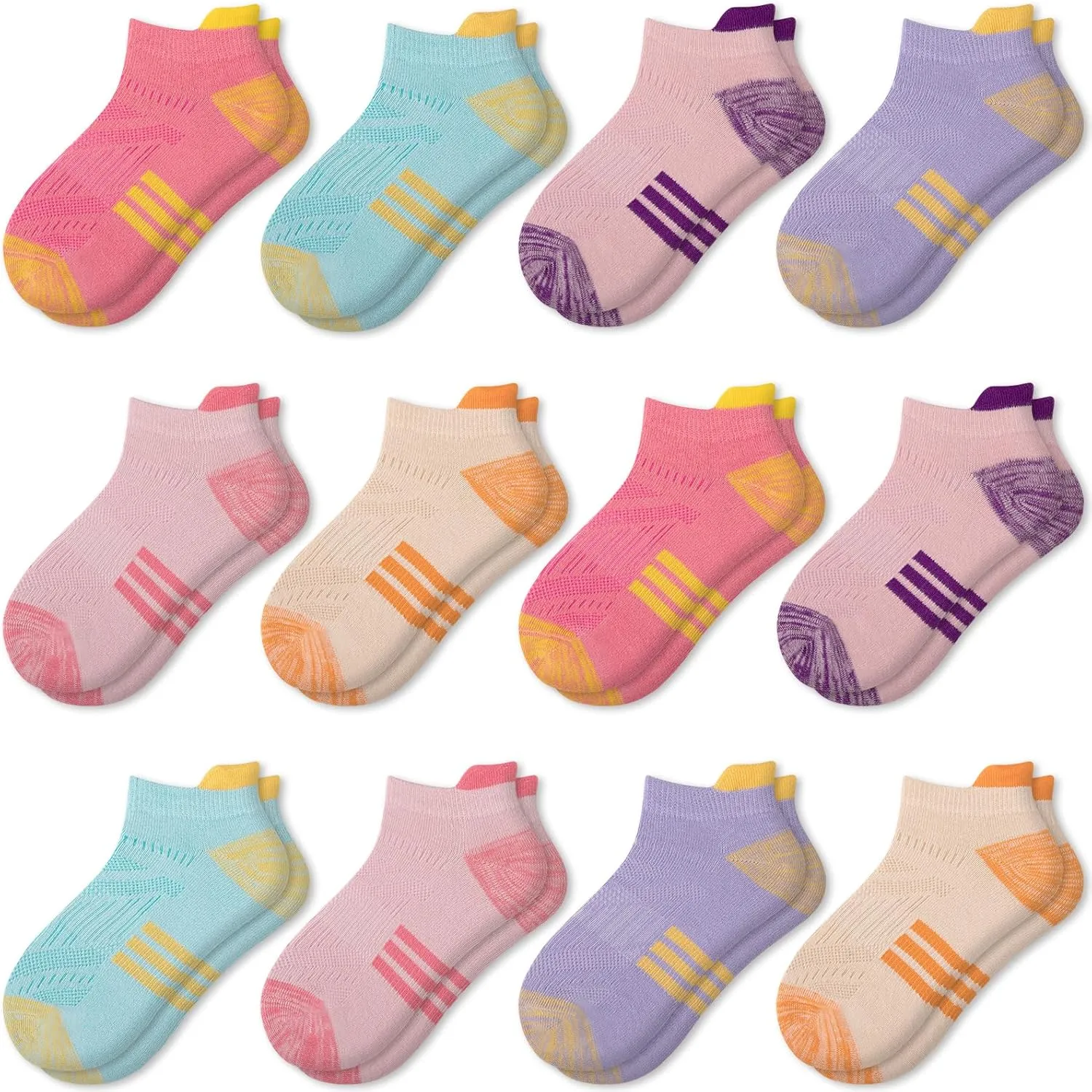 Comfoex 12 Pairs Girls Athletic Ankle Socks for 4-6 6-8 8-10 Years Old - Cotton Short Socks for Little Big Kids