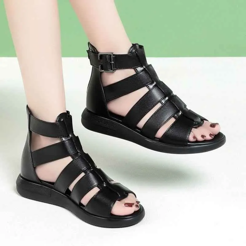 DX225 Women's Open-Toe Leather Flat Sandals - Casual Shoes