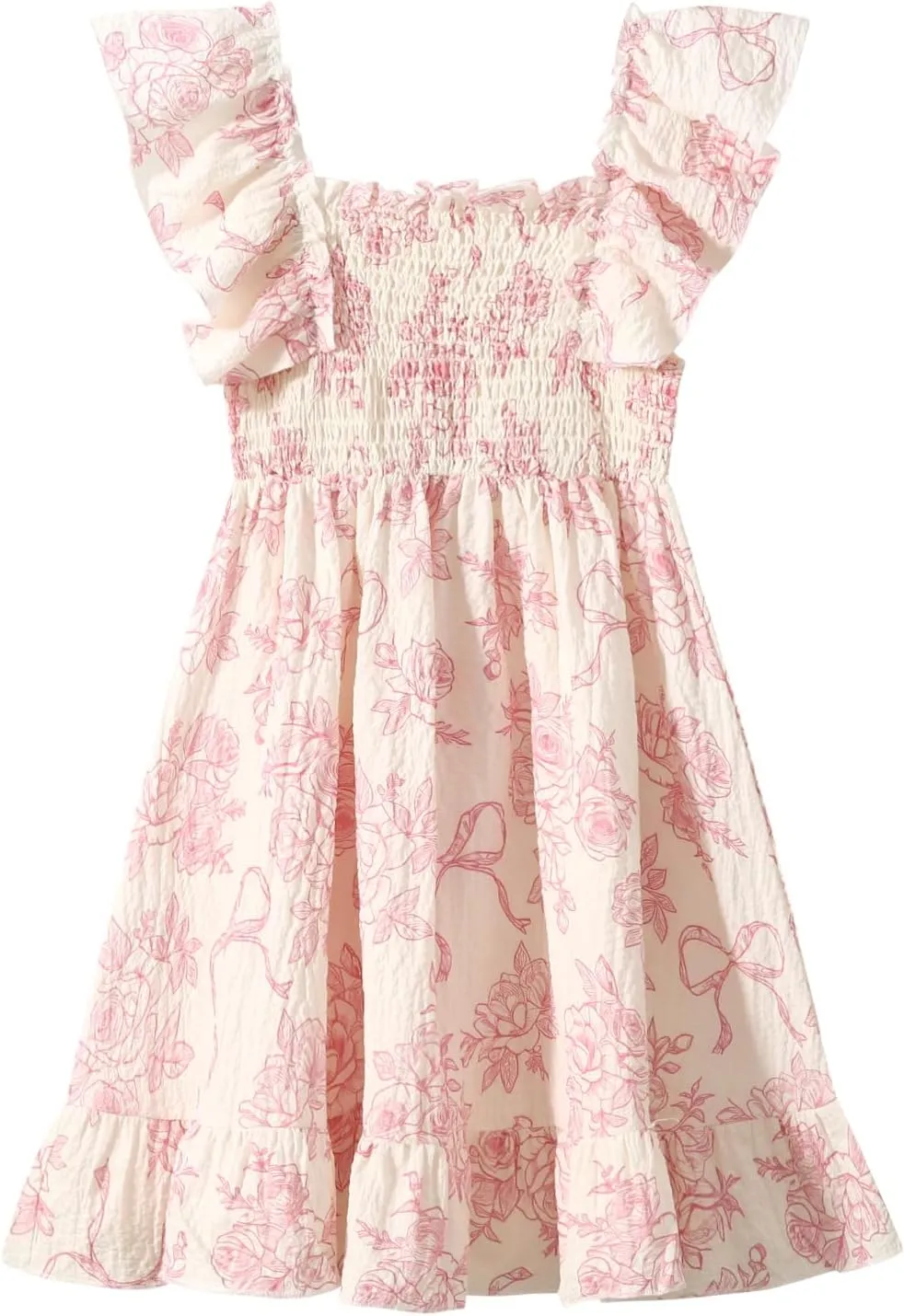 Girls Summer Dress Floral Ruffle Sleeve Swing Flowy Dresses A-line Sundress for Girls Casual Beach Wedding Dress