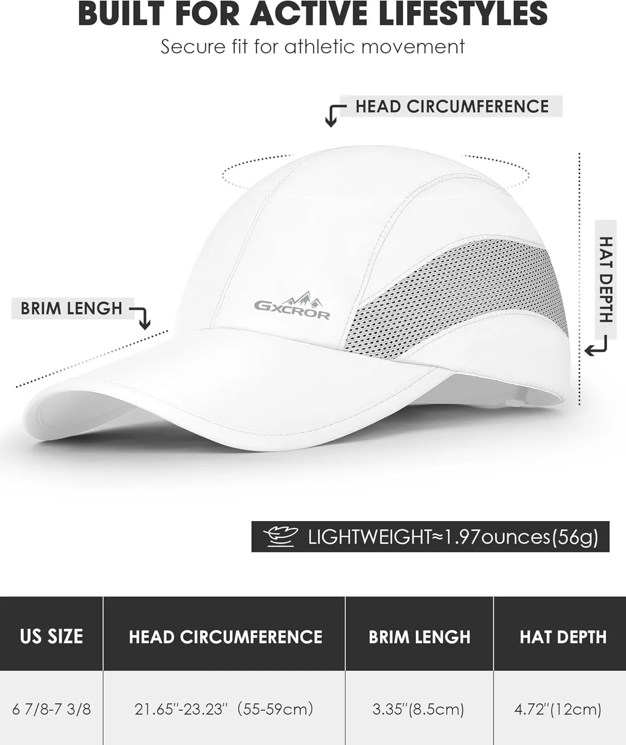 GXCROR Running Hat for Men Women Quick-Dry Baseball Cap UPF50  with Breathable Mesh, Adjustable Hook & Loop for Outdoor