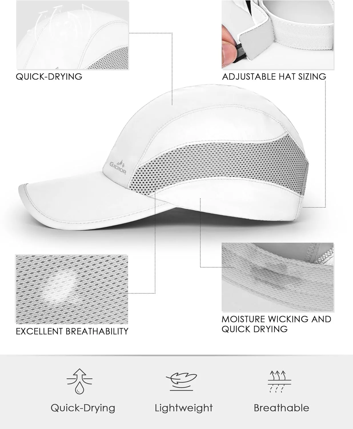 GXCROR Running Hat for Men Women Quick-Dry Baseball Cap UPF50  with Breathable Mesh, Adjustable Hook & Loop for Outdoor