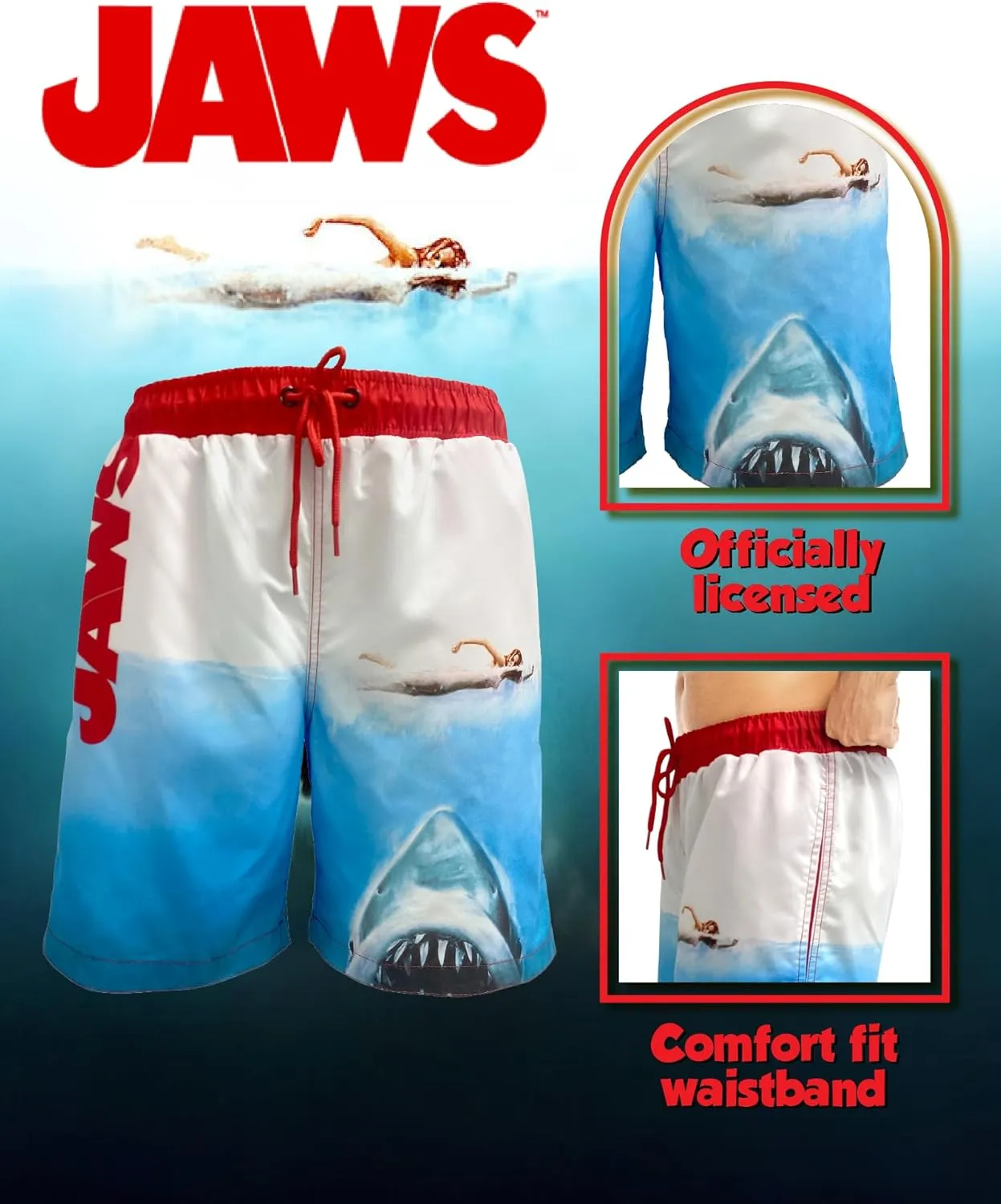 Jaws Men's Swim Trunks with Mesh Lining, Elastic Waistband, Drawstring & Side Pockets/Swimwear Board Shorts