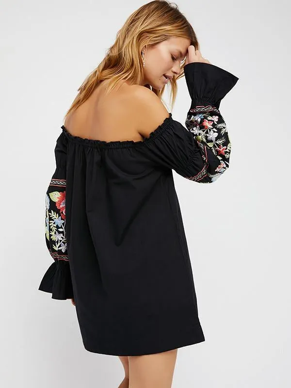 Pretty Sweety Flower Inwrought Long Sleeve Off-Shoulder Mini Dress