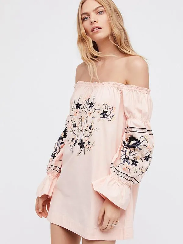 Pretty Sweety Flower Inwrought Long Sleeve Off-Shoulder Mini Dress
