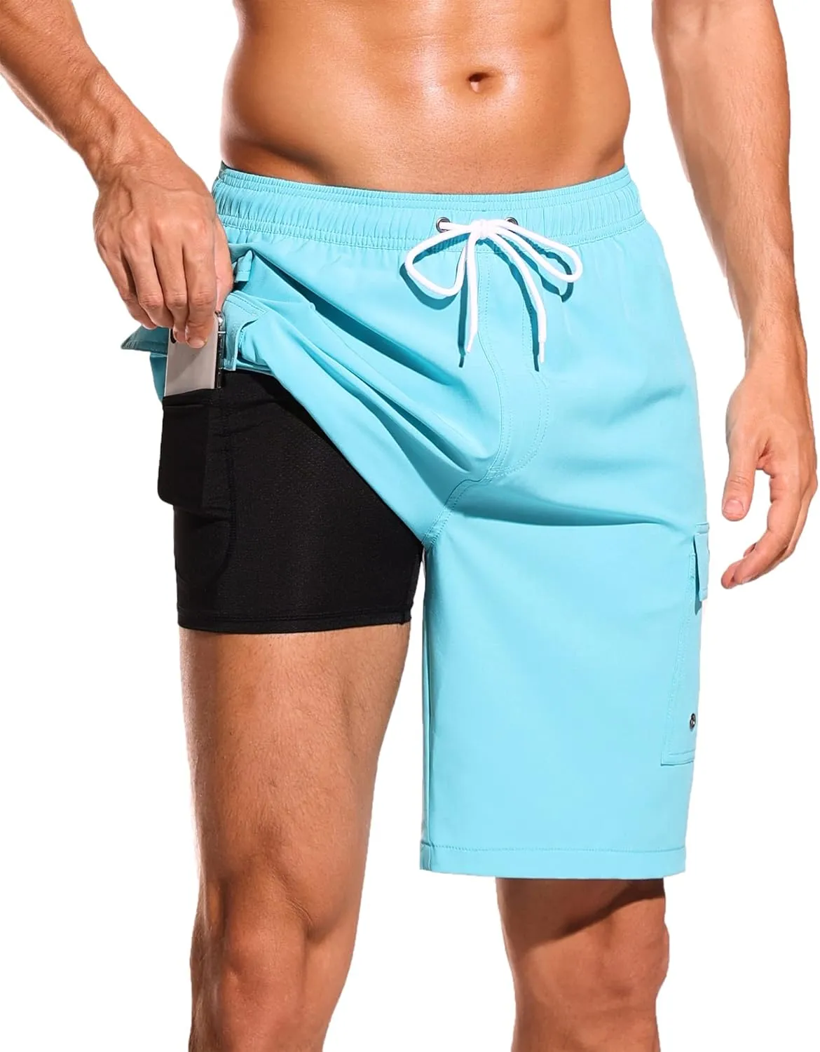 SILKWORLD Men's Swim Trunks with Compression Liner Quick Dry Bathing Suits 9 Inch Swimming Shorts with Cargo Pockets