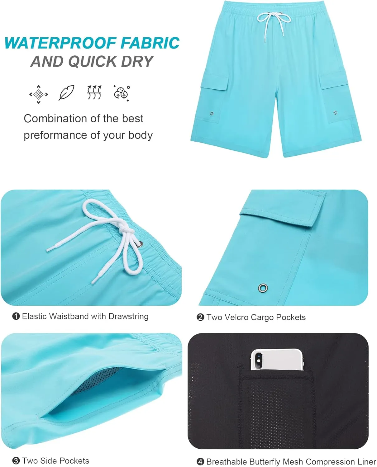 SILKWORLD Men's Swim Trunks with Compression Liner Quick Dry Bathing Suits 9 Inch Swimming Shorts with Cargo Pockets